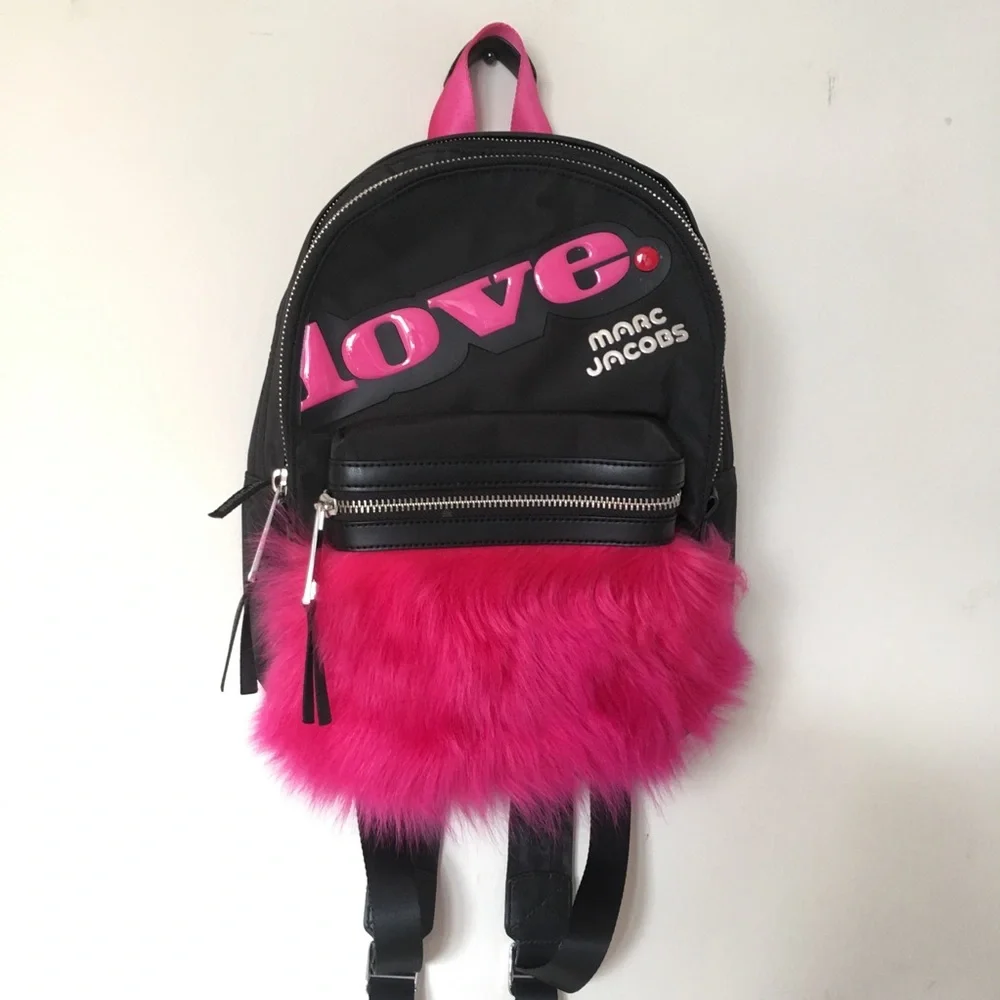 Marc Jacobs Love Canvas and Pink Fur Backpack